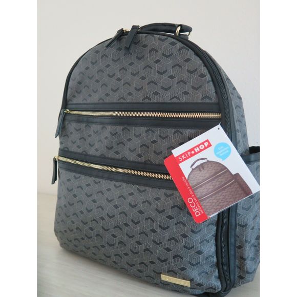 Skip Hop DECO Saffiano Diaper Backpack Black/Gray Vegan Leather Interweave Lines - Picture 2 of 11